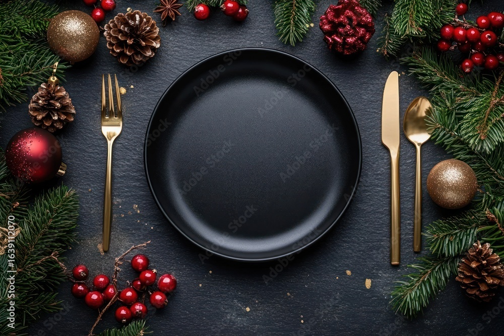 custom made wallpaper toronto digitalempty black plate with gold cutlery surrounded by pine branches, pine cones, red berries, and festive Christmas decorations on dark textured surface