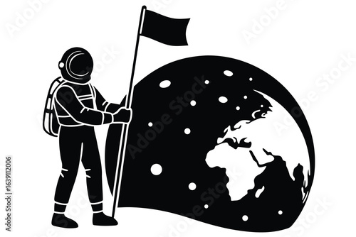 Astronaut with Flag Standing Near Planet Earth Silhouette Illustration Icon Graphic