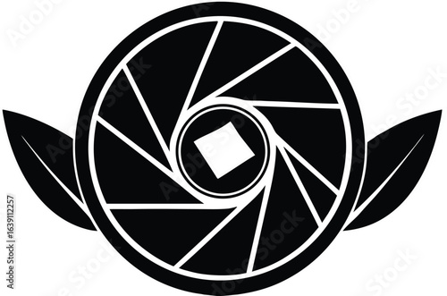 Black and White Camera Lens Aperture with Leaves on a White Background