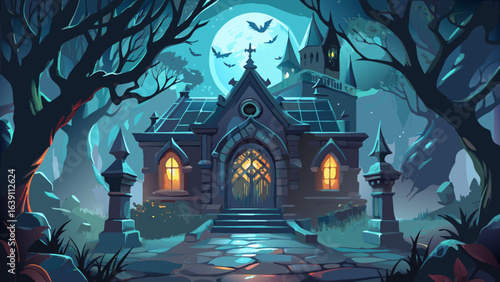 Fog curls around haunted mansion entrance, gothic arches and weathered stone textures visible. Spooky ambience enhanced by lantern glow, bats in flight, misty courtyard, detailed architecture, night s