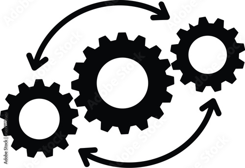 Process workflow icon with rotating gears and arrows, symbolizing teamwork, progress, and continuous improvement in business vector, SEO optimized.