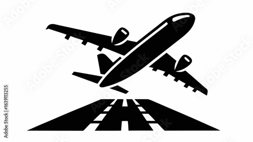 An airplane is taking off from the runway with its wings tilted and landing gear retracted in black and white silhouette