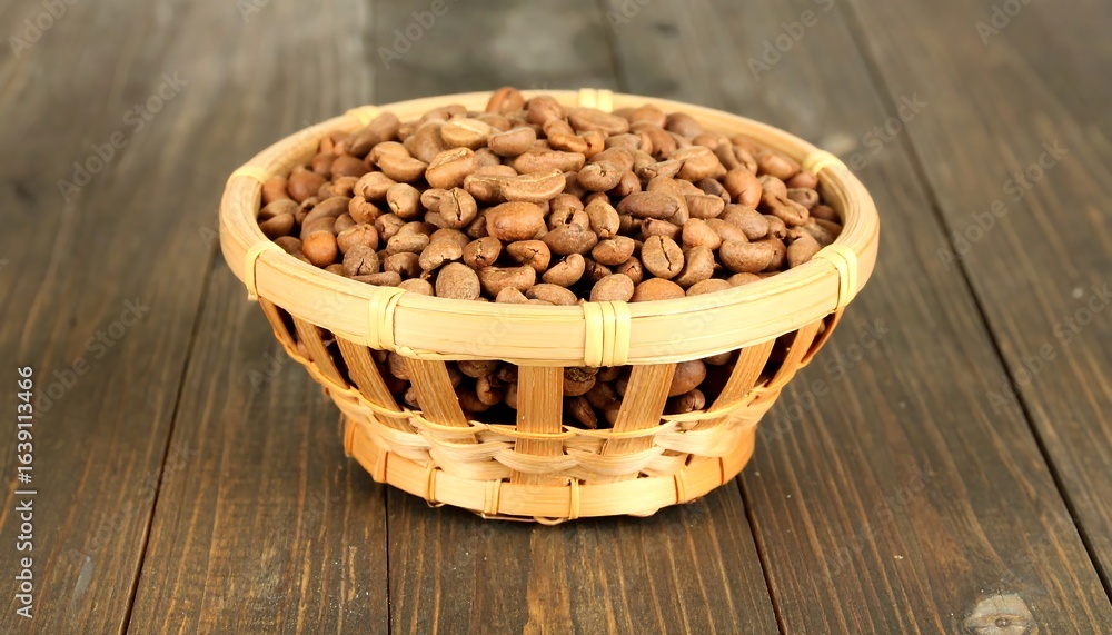Coffee beans in a shallow woven basket. Coffee beans in a shallow woven basket.