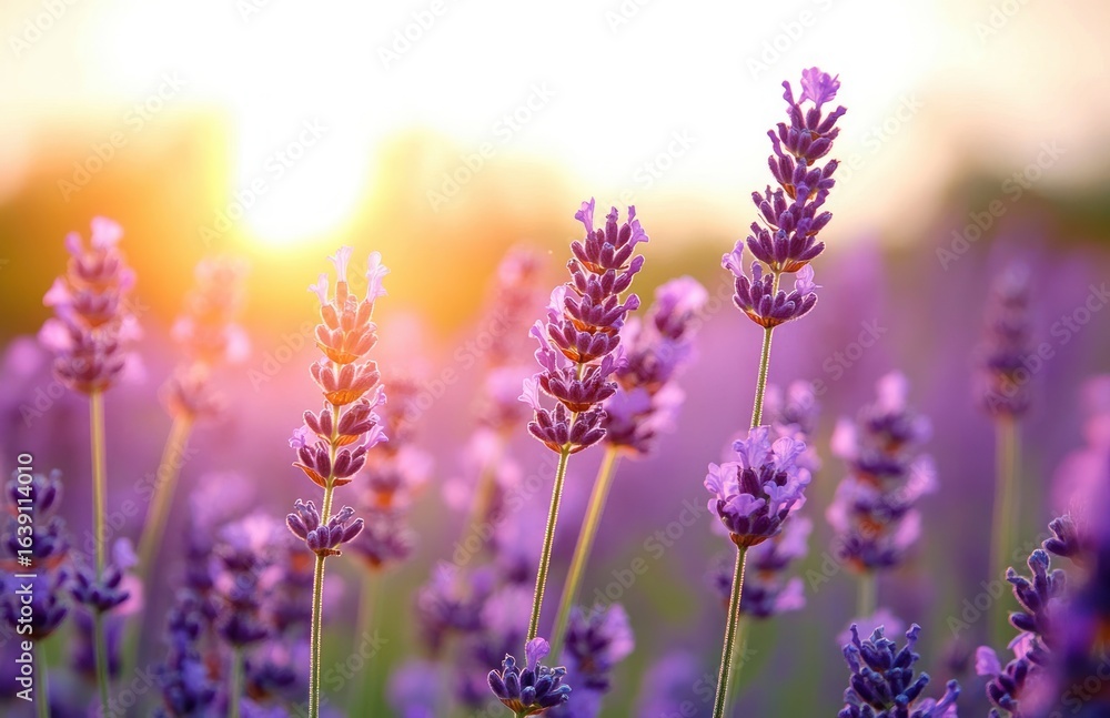 Obraz premium Close-up of vibrant lavender flowers blooming at sunset with warm golden light and soft background bokeh