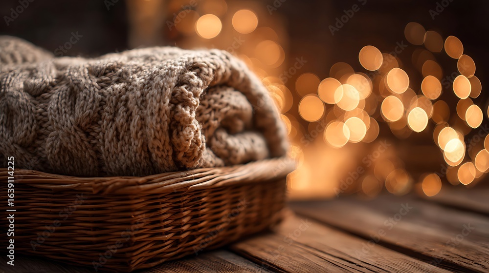 Obraz premium Rolled Knitted Blanket in Wicker Basket with Bokeh Lights