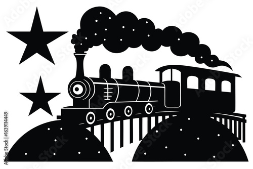 Black and White Locomotive Engine Illustration with Stars, Hills, and Smoke Stack Design Art