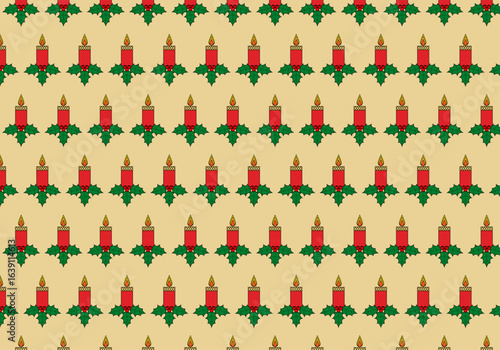 Patrón de velas rojas con acebo verde de navidad en fondo amarillo