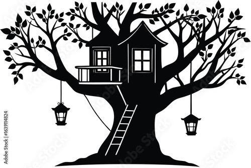 Black and White Silhouette of a Detailed Treehouse with a Ladder and Hanging Lanterns