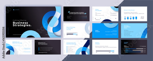 Abstract powerpoint presentation templates set, blue color identity presentation background, banner template, brochure, landing page, company profile, business design package set, vector illustration.
