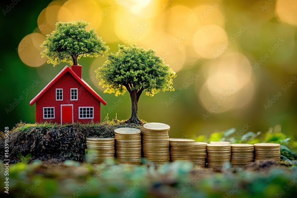 custom made wallpaper toronto digitalSmall red house with green trees and stacks of golden coins arranged in ascending order on natural soil with a warm blurred background