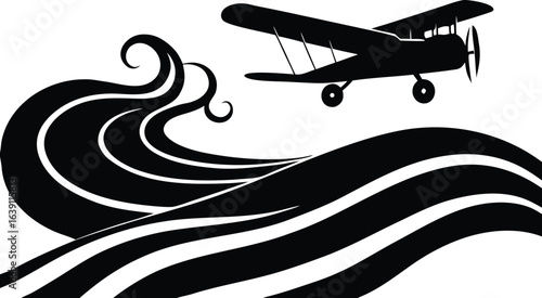 Black Biplane Silhouette Over Abstract Waves Illustration, Minimalist Design Style Concept