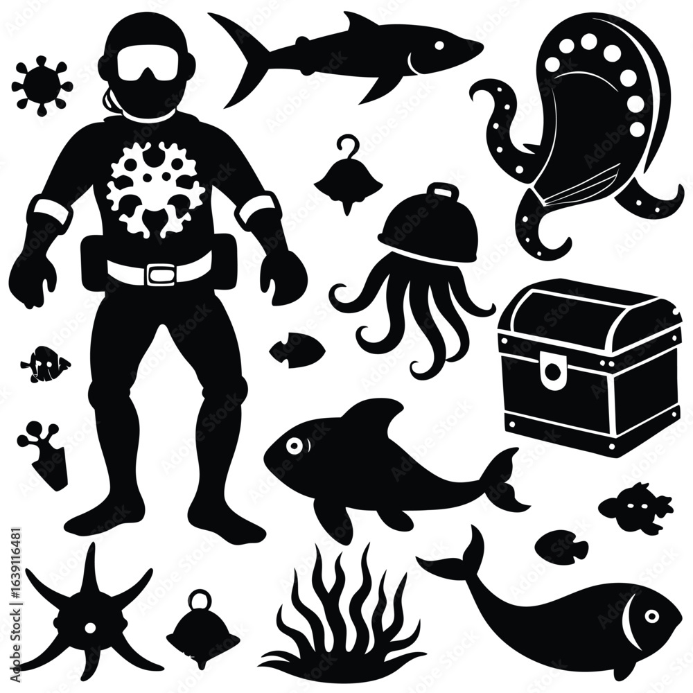 Naklejka premium Ocean Diver & Sea Creatures: Pixel Art Graphics