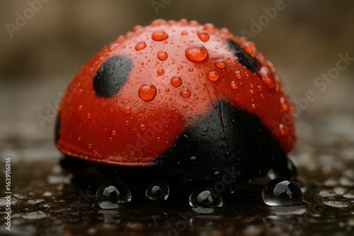 A Ladybug's Glistening Journey on a Wet Canvas