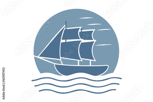 Blue sailing ship in circular frame