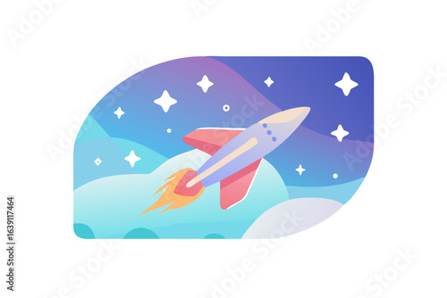 Rocket flying through starry night sky