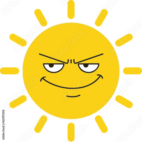 
A simple cartoon illustration of a sun with a mischievous or devious expression, featuring a wide grin and narrowed eyes, against a clean white background.