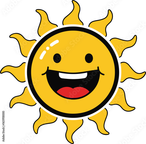 A cartoon illustration of a happy sun with a big, toothy grin and a wide-open mouth, against a clean white background.