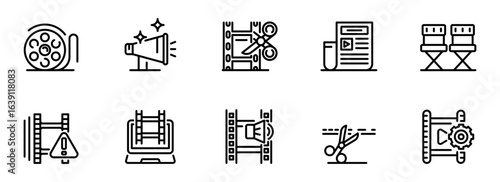Filmmaking and Video Editing Icons:  Modern Line Art Style, Clean Minimalist Design, Professional and Creative Mood.