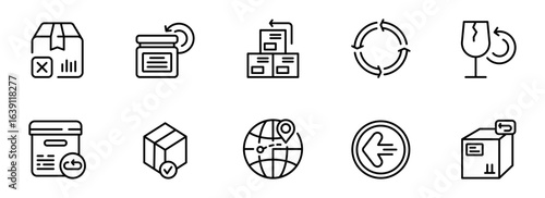Modern minimalist line icons depicting global logistics, returns, shipping, and delivery processes;  clean, simple style; efficient and reliable business concept.