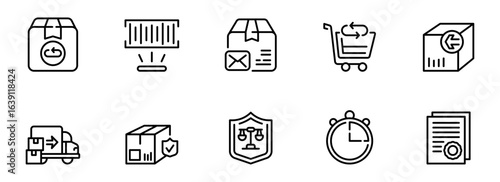 E-commerce Logistics:  Modern Line Icons Set – Shipping, Delivery, Returns, Tracking, Barcode Scanning, Secure Package, Legal Protection, and Time Management.