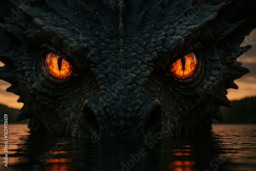 A dragon's eyes emerge from the depths of a tranquil lake at dusk, casting an eerie glow that pierces through the serene ambiance