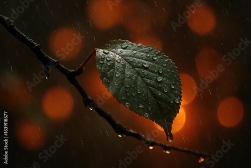A lone leaf glistens with raindrops against a backdrop of warm orange hues