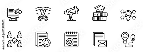 Modern Line Icons:  Education, Research, Collaboration, and Innovation Concepts;  Clean, Minimalist Style;  Positive and Upbeat Mood.