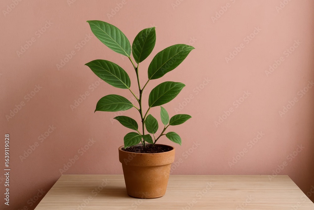 Fototapeta premium A lush green plant thrives in a rustic terracotta pot against a soft pink wall, symbolizing tranquility and growth