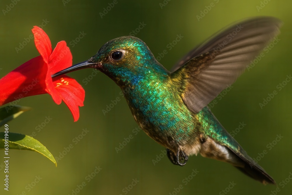 Obraz premium A Hummingbird Feeds on a Vibrant Red Flower