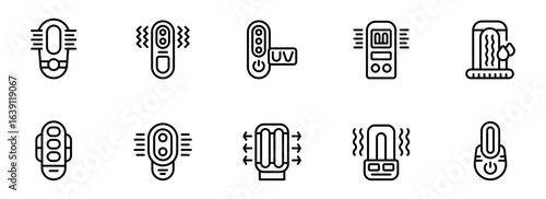 Collection of Modern Line Art Icons: UV Light Therapy Devices, Wellness Technology, Minimalist Style, Clean Design.