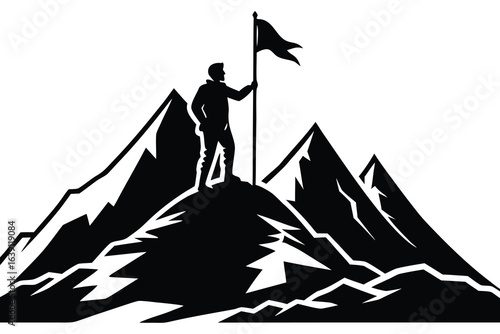 Black Silhouette of Man Planting Flag Atop Mountain Peak Achievement Illustration