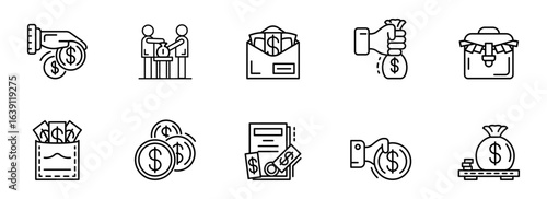 Collection of Minimalist Line Art Icons:  Financial Transactions, Money, Payments, and Business Dealings.