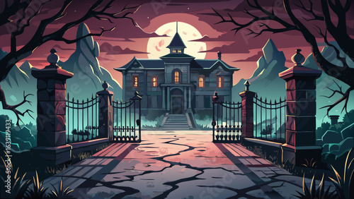 Abandoned asylum looms in darkness, cracked walls under pale moonlight. Rusted gates creak, eerie silence fills air. Detailed textures, semi-realistic vector style, unsettling mood, chilling shadows, 