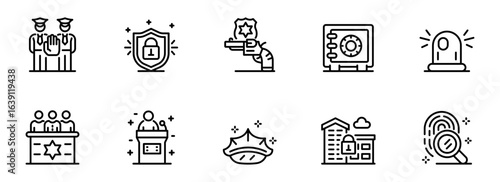 Modern Line Art Icons: Security, Law Enforcement, Justice, and Protection Symbols for Web and App Design.
