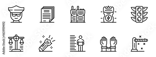Modern Line Icons: Law Enforcement, Justice, and Security Symbols Collection for Website or App Design.