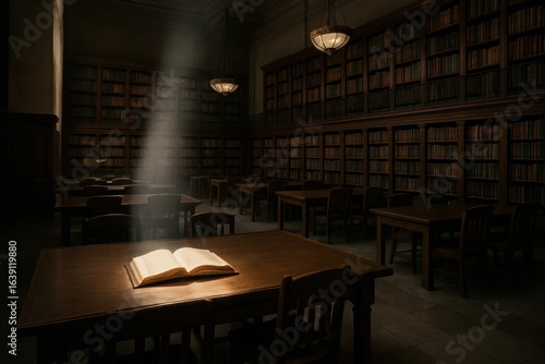 An enchanting library bathed in soft light, where a lone book stands open on a wooden table, inviting readers into its world of knowledge