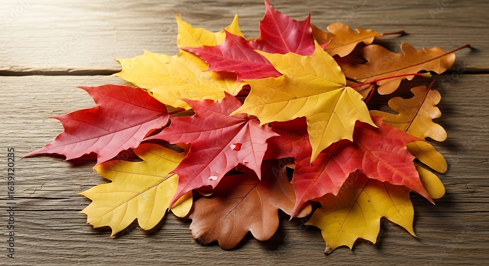 Obraz premium Pile of colorful autumn maple leaves on a wooden surface