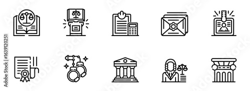 Modern Line Art Icons: Law, Justice, Legal System, Court, Legal Documents, Scales of Justice, Gavel, Judge, Law Book, Contract, Legal Profession,  Criminal Justice,  Attorney,  Jurisprudence.