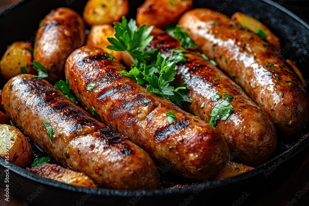 Close-up of grilled sausages with herbs and roasted potatoes in a black skillet conveying a warm and hearty meal Close-up of grilled sausages with herbs and roasted potatoes in a black skillet conveying a warm and hearty meal