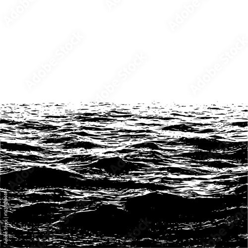 Monochromatic depiction of a vast ocean with a horizon line and turbulent waves reflecting light