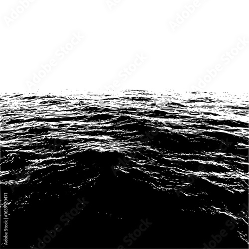 Monochrome depiction of a turbulent sea with white sky and dark water surface rendering a stark contrast