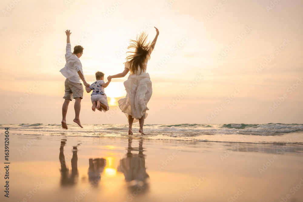 Fototapeta premium Family holiday vacation beach. Asian happy family outdoors summer travel. Fun families outdoors. Family vacation beach. Life assurance plan. Families financial planning Joyful relaxing Playing outside