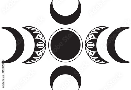 Moon phases spiritual vector symbol. Wiccan and pagan lunar cycle icon with crescent and full moon for astrology and esoteric concepts.