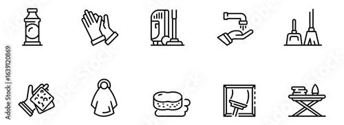 Cleanliness icons:  A minimalist black and white line art set depicting cleaning supplies, handwashing, and household chores, perfect for websites or apps needing a simple, modern aesthetic.