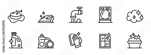 Cleanliness icons:  Modern minimalist line art style depicting washing machine, iron, soap, cleaning supplies, and sparkling results, perfect for website or app design.