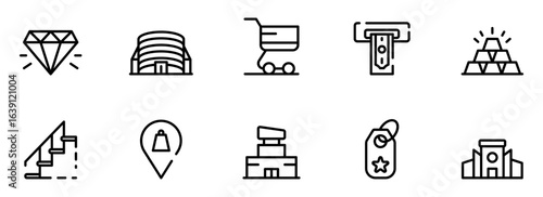 Modern Line Icons: Shopping, Finance, Luxury, and Location Symbols;  Clean, Minimalist Style;  Bold Black on White Background.