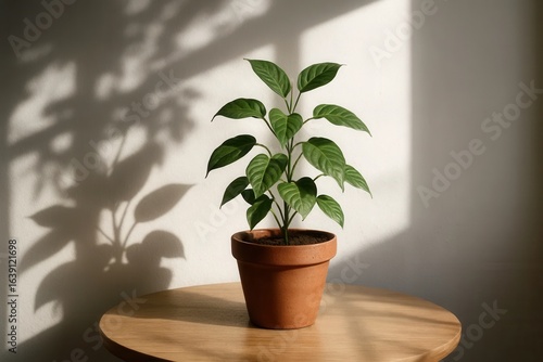 Wallpaper Mural A lush green plant thrives in a brown terracotta pot on a wooden table, bathed in the warm glow of sunlight filtering through a window Torontodigital.ca