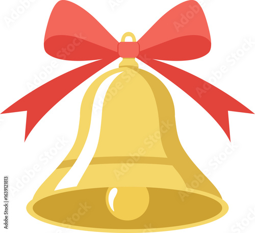 A golden Christmas bell with a red ribbon and bow.