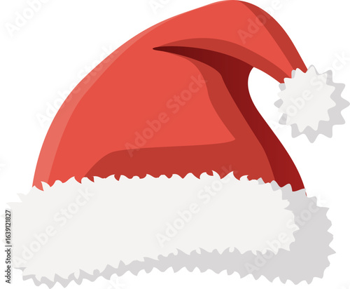 A red Santa Claus hat with a white fluffy brim and pompom.