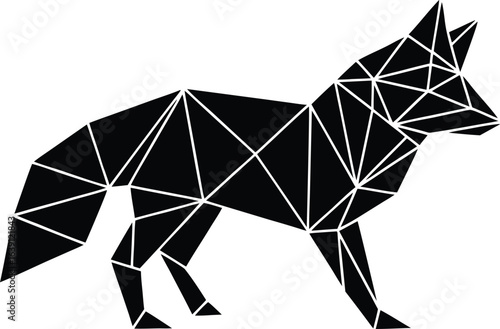 Geometric Black and White Fox Illustration Low Poly Design with Triangular Segments Standing